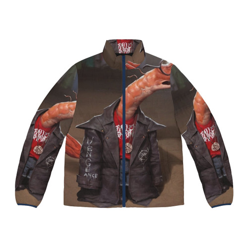 Shrimp puffer jacket with a smiling shrimp design, inspired by the Smiling Friends cartoon