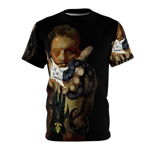 A fantasy-inspired t-shirt design featuring a mage and tarot card imagery.