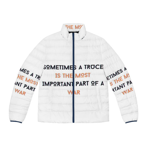 Money Heist Quotes Puffer Jacket featuring iconic quotes and characters from the hit Netflix series
