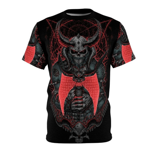 All-over-print t-shirt featuring the Doom Marauder character from the Doom video game franchise.