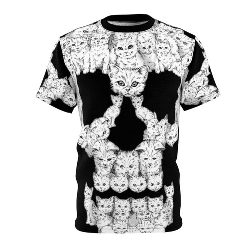 Graphic t-shirt featuring a bold, edgy skull design with playful kittens