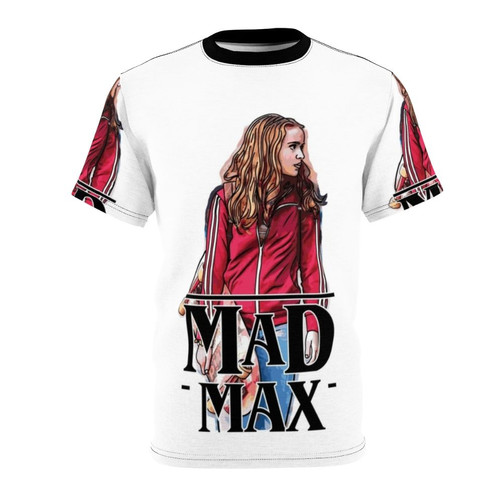 Retro-styled graphic t-shirt featuring a blend of elements from the Mad Max and Stranger Things franchises.