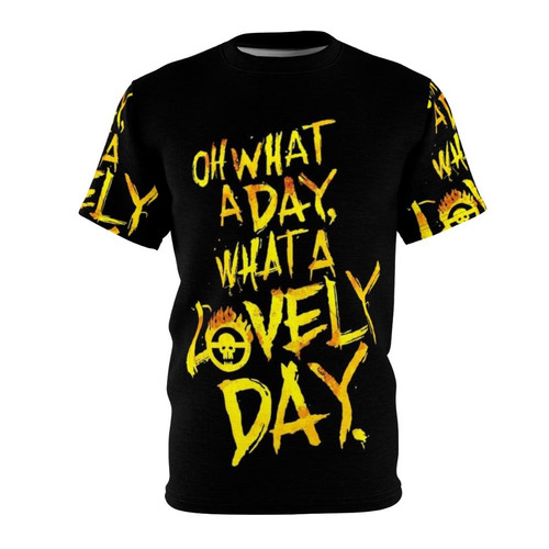 Model wearing a post-apocalyptic desert action t-shirt inspired by the movie Mad Max: Fury Road