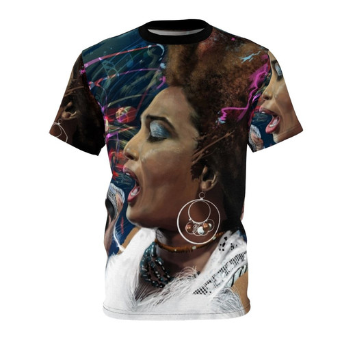 Stripped abstract art design t-shirt featuring a retro music graphic
