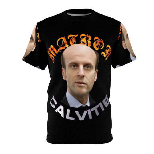 Funny parody t-shirt featuring an image of French President Emmanuel Macron with the text "Macron Baldness"