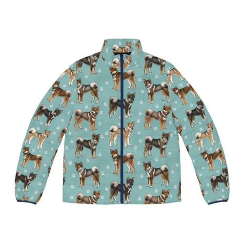 Teal puffer jacket featuring a Shikoku dog, a rare Japanese hunting breed