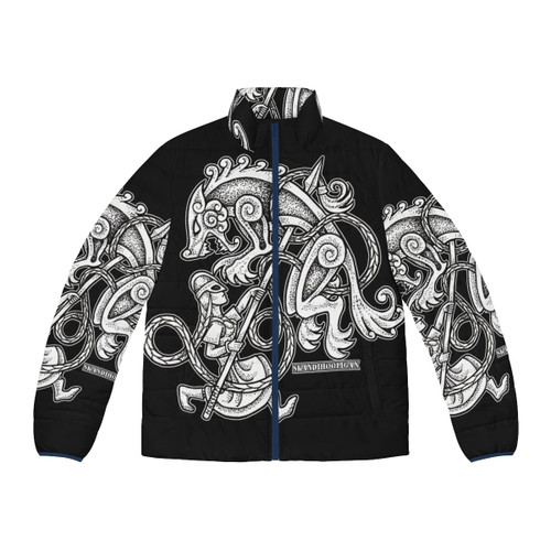 A stylish women's puffer jacket with viking-inspired shieldmaiden and huntress design