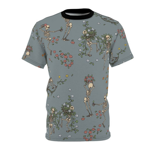 Skeletons with floral garlands graphic design printed on a t-shirt
