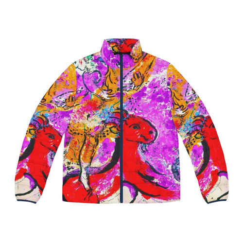 Marc Chagall inspired puffer jacket featuring a red horse design