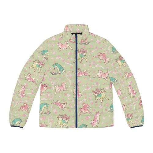 Shibakura Matcha Puffer Jacket for Shiba Inu dogs featuring a floral pattern