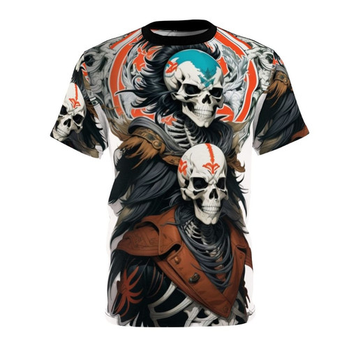 Detailed illustration of a dark fantasy skeleton warrior wielding a sword amidst flames and skulls