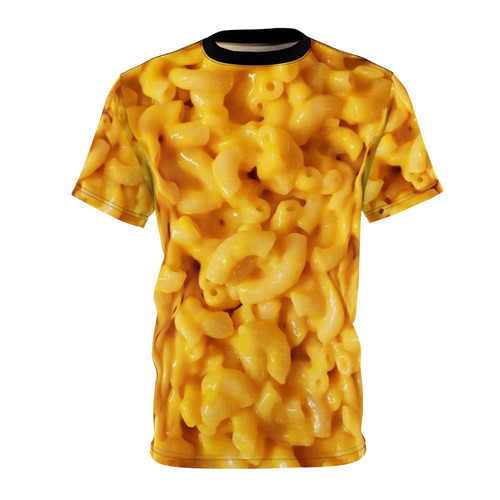 Soft, comfy t-shirt featuring a vibrant all-over print of macaroni and cheese, a classic comfort food dish.