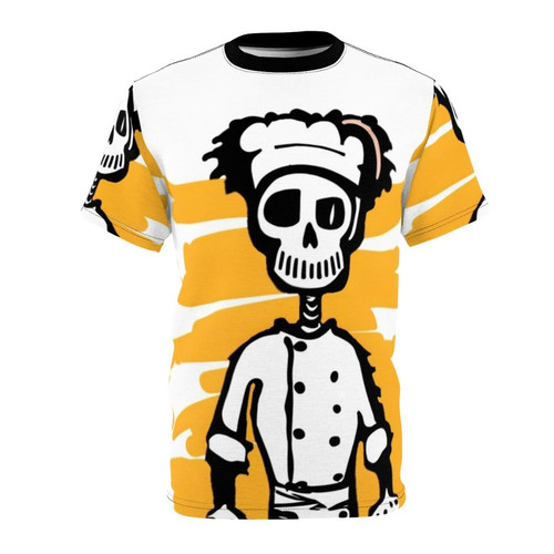 A stylish t-shirt featuring a skeleton chef design, perfect for kitchen and culinary enthusiasts.