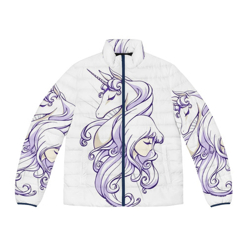 A puffer jacket featuring a stylized image of the magical unicorn Amalthea from the beloved fantasy film "The Last Unicorn".
