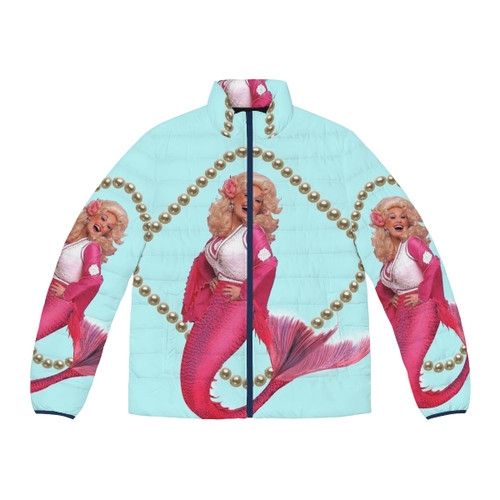 A pink puffer jacket with mermaid-inspired pearl and rhinestone details