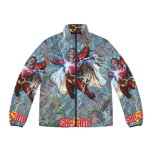 Shazam comic book collage puffer jacket featuring a vibrant and unique superhero design