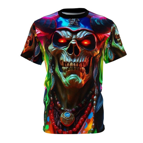 A bold and edgy biker-inspired t-shirt design featuring a grim reaper skull and demon elements for a horror-inspired, 80s-style look.
