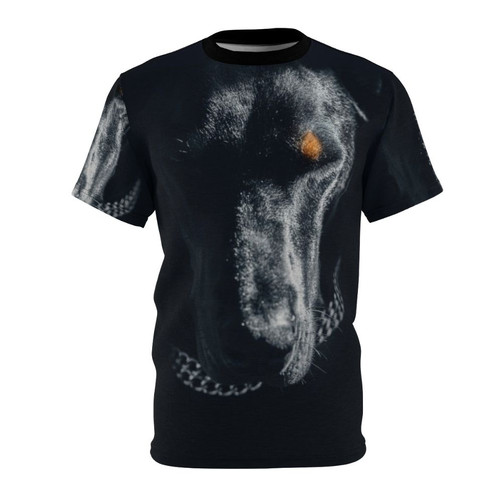 Doberman dog in an all-over print t-shirt design