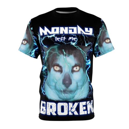 A t-shirt featuring a cat design with a "Monday" theme, expressing a humorous, relatable sentiment.