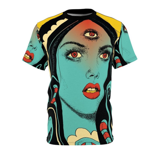 Psychedelic Divination AOP T-shirt featuring occult, witch, and metal inspired graphics