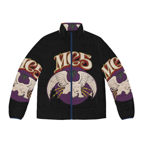 A stylish puffer jacket featuring the iconic Primal Scream album art