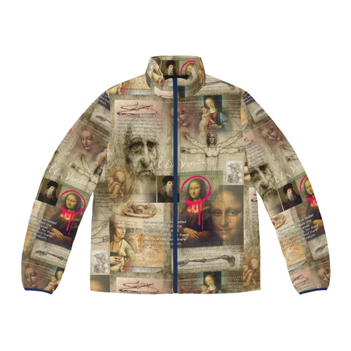 A puffer jacket featuring the iconic artwork and portrait of Leonardo da Vinci, the renowned Renaissance artist.