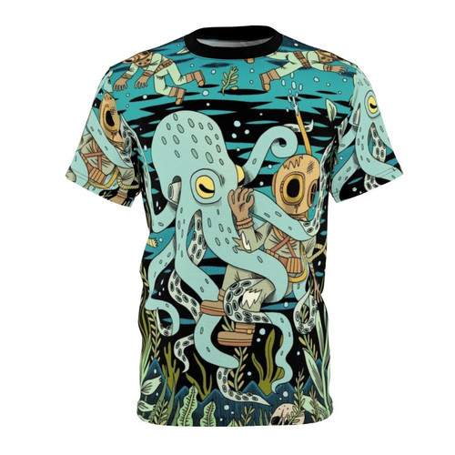 Stylized illustration of a diver exploring the deep sea, surrounded by sea creatures and a gothic, pulp-inspired motif.