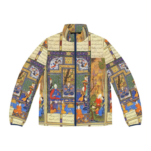 Persian calligraphy art puffer jacket with modern Iranian design
