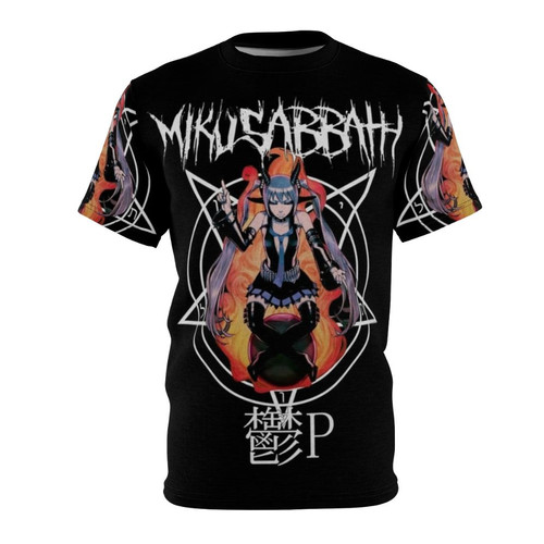 Miku-inspired metal music t-shirt with a Hagane heavy metal design featuring Baphomet and Miku-style elements.