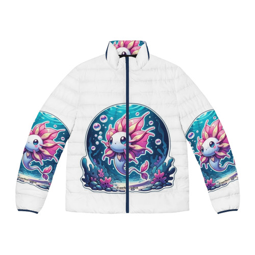 Puffer jacket featuring a whimsical petal fish, a mythical aquatic creature