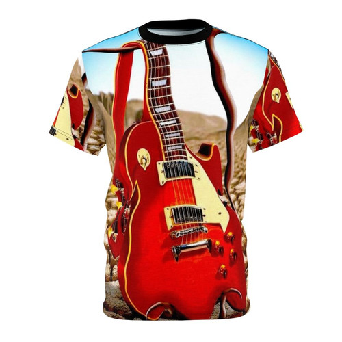 Vintage abstract t-shirt design featuring a melted guitar in a surreal desert landscape