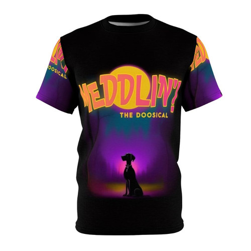 A person wearing a high-quality Meddlin T-shirt, featuring a unique and eye-catching graphic design.