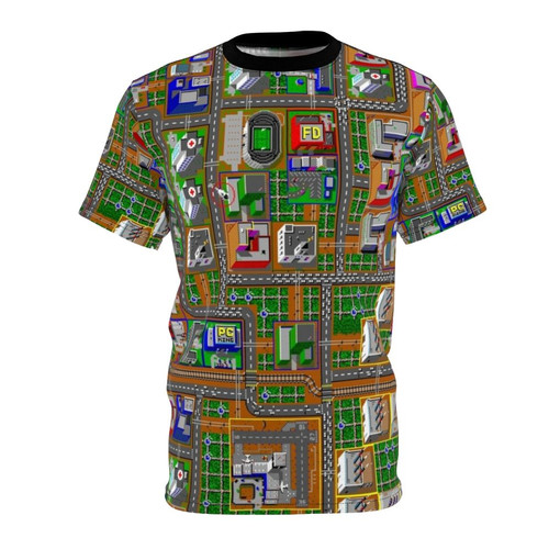 Retro pixel art design featuring a city builder video game theme on a t-shirt