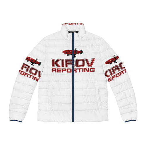 A red puffer jacket with the "Kirov Reporting" text and communist hammer and sickle design, inspired by the classic video game Red Alert.