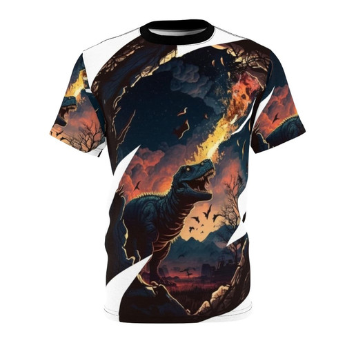 Dramatic illustration of a tyrannosaurus rex and prehistoric landscape on a dinosaur t-shirt