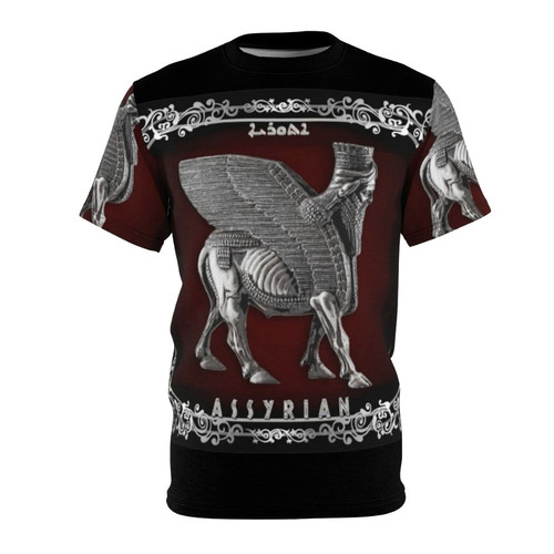 A stylized illustration of a lamassu, a mythical Assyrian winged creature, on a t-shirt.