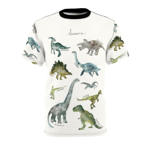 Dinosaur t-shirt with a chart-style illustration of prehistoric animals