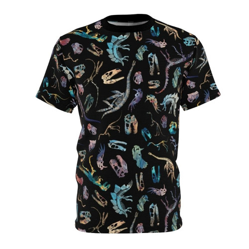 Monochrome t-shirt design featuring a silhouette of a dinosaur skeleton against a dark, modern, and minimalist background.