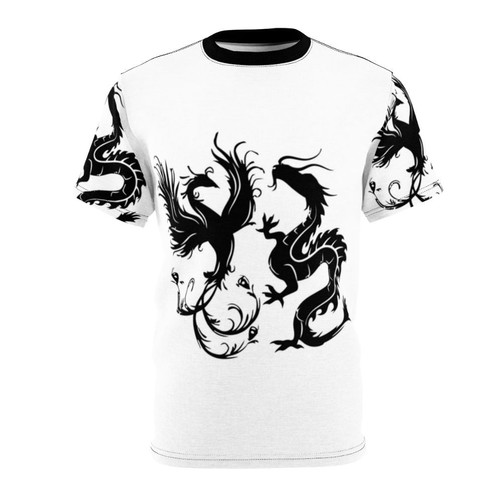 Vibrant t-shirt design featuring a phoenix and dragon amidst lush, magical foliage