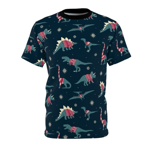 Dinos wearing festive sweaters on a high-quality t-shirt design for dinosaur and holiday enthusiasts