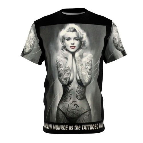 Marilyn Monroe inspired t-shirt design featuring a whimsical, surreal image of a tattooed lady