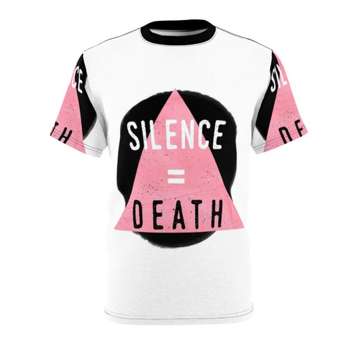 Powerful typographic "Silence Death" design on a high-quality t-shirt for LGBTQ+ pride and activism