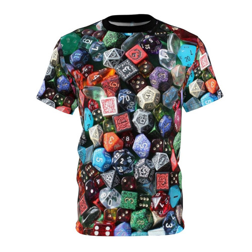 Polyhedron dice pattern printed t-shirt for hobbyist gamers and tabletop roleplaying enthusiasts