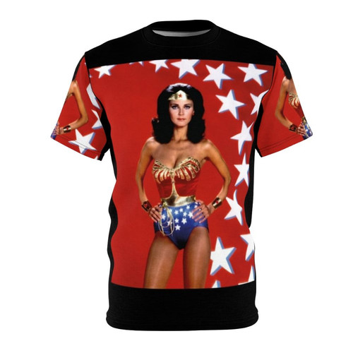 Retro-style t-shirt featuring an illustration of Lynda Carter, a classic actress from the 70s and 80s movies