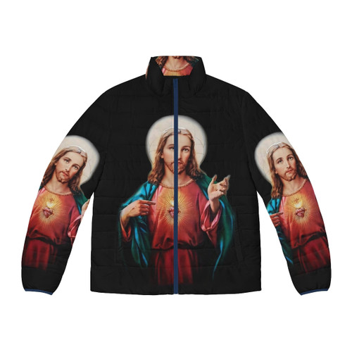 Jesus Christ Savior Puffer Jacket with religious and cultural imagery