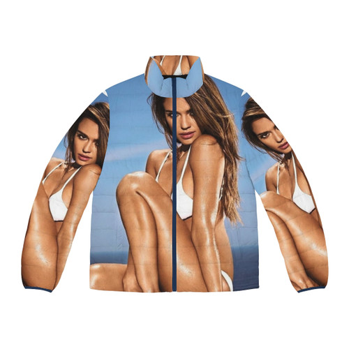 Jessica Alba wearing a stylish and trendy aesthetic puffer jacket