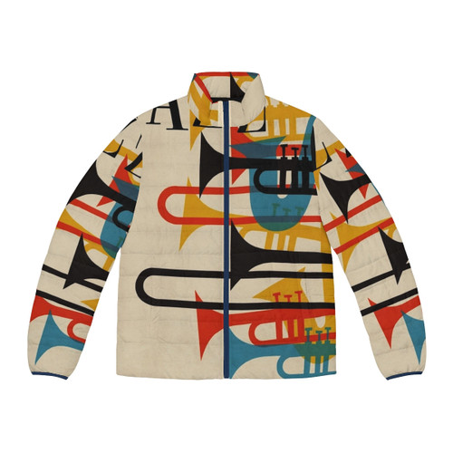 Vintage Jazz Puffer Jacket with Saxophone, Trumpet, and COVID-19 Facemask Design