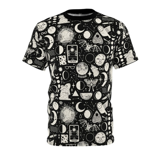 A t-shirt featuring a lunar eclipse pattern with celestial elements like the moon, stars, and constellations.