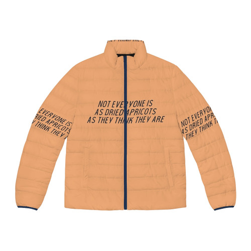 James Acaster's Apricots Puffer Jacket - Surreal Comedy Style with Typography and Minimalist Design