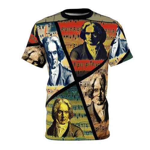 Colorful collage t-shirt featuring a painting of the iconic composer Ludwig van Beethoven